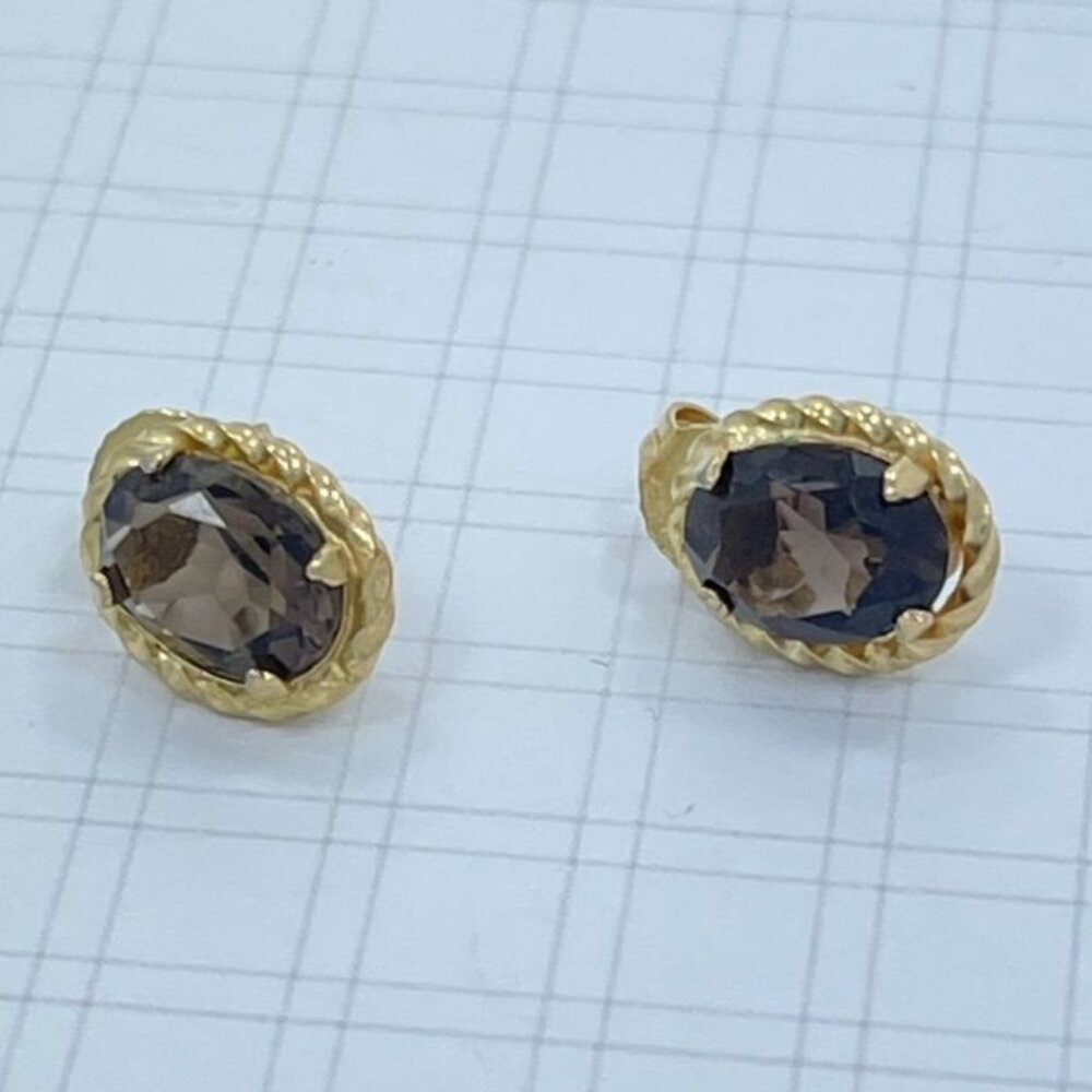 Vintage Burt Cassell Smoky Quartz 12K Gold Filled Oval Stud Earrings - Picture 2 of 5
